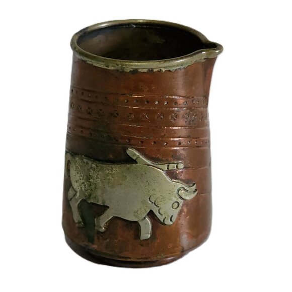 Vintage Copper w/ Sterling Bull Mini Creamer Pitcher Mexico Tlaquepaque FCS - Picture 2 of 9
